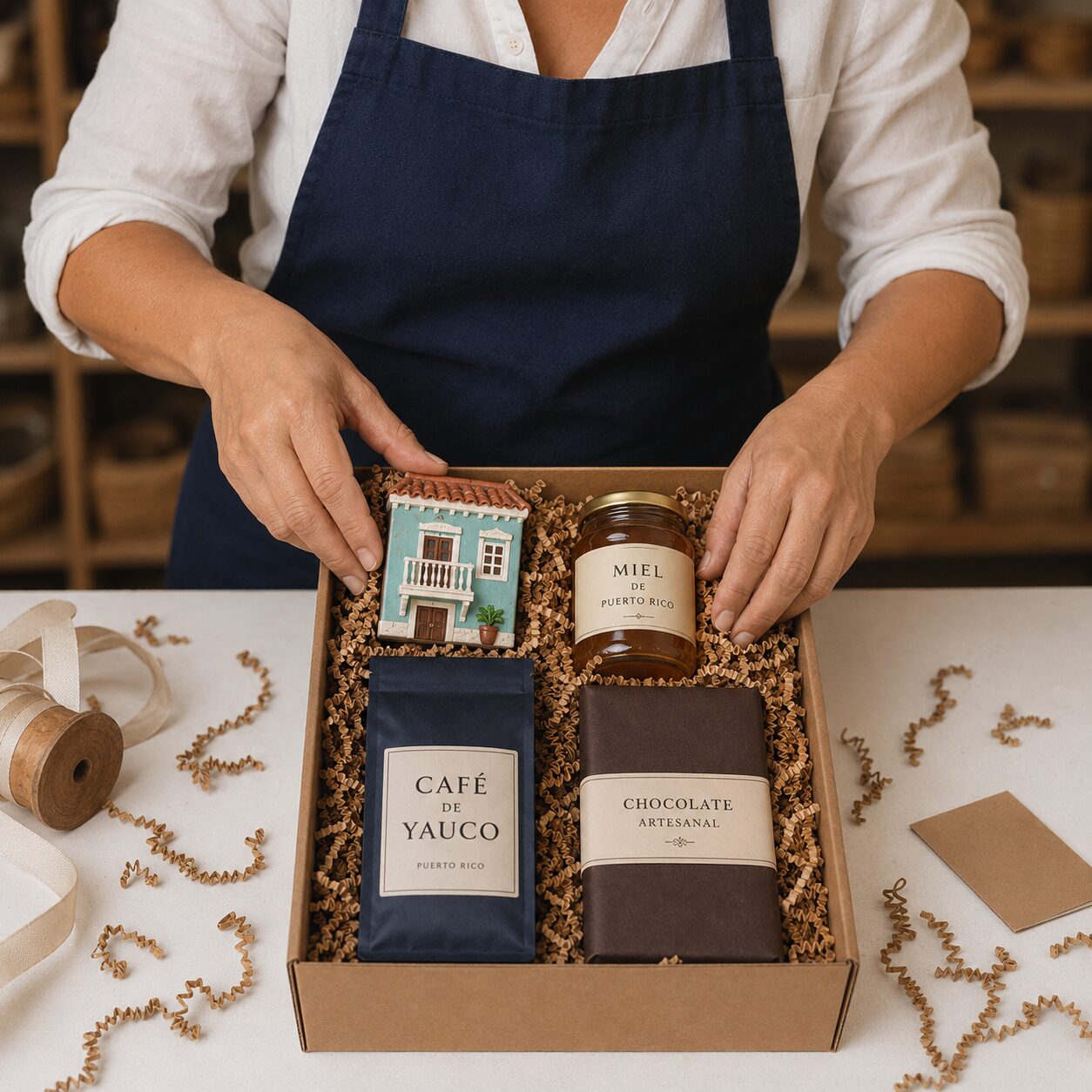 Manos empacando una Caja de Regalo Finquita Hermandad con café de Yauco, miel y chocolate artesanal