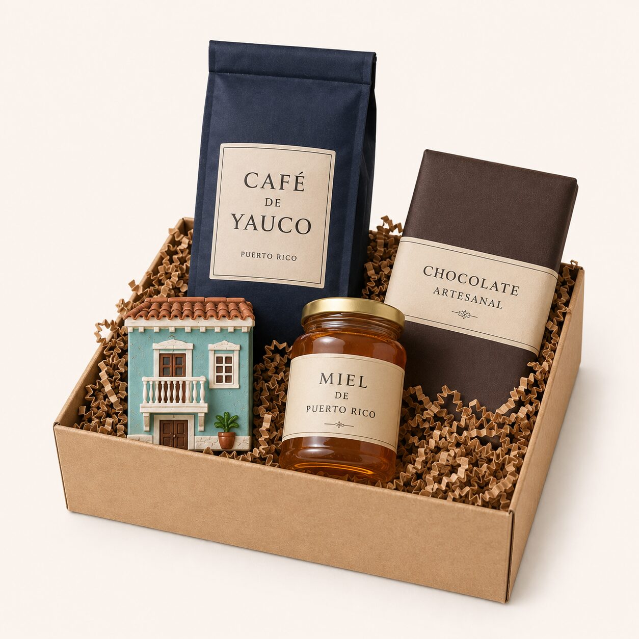 Caja Clásica de Finquita Hermandad con café de Yauco, miel de Puerto Rico, chocolate artesanal y una casita de cerámica