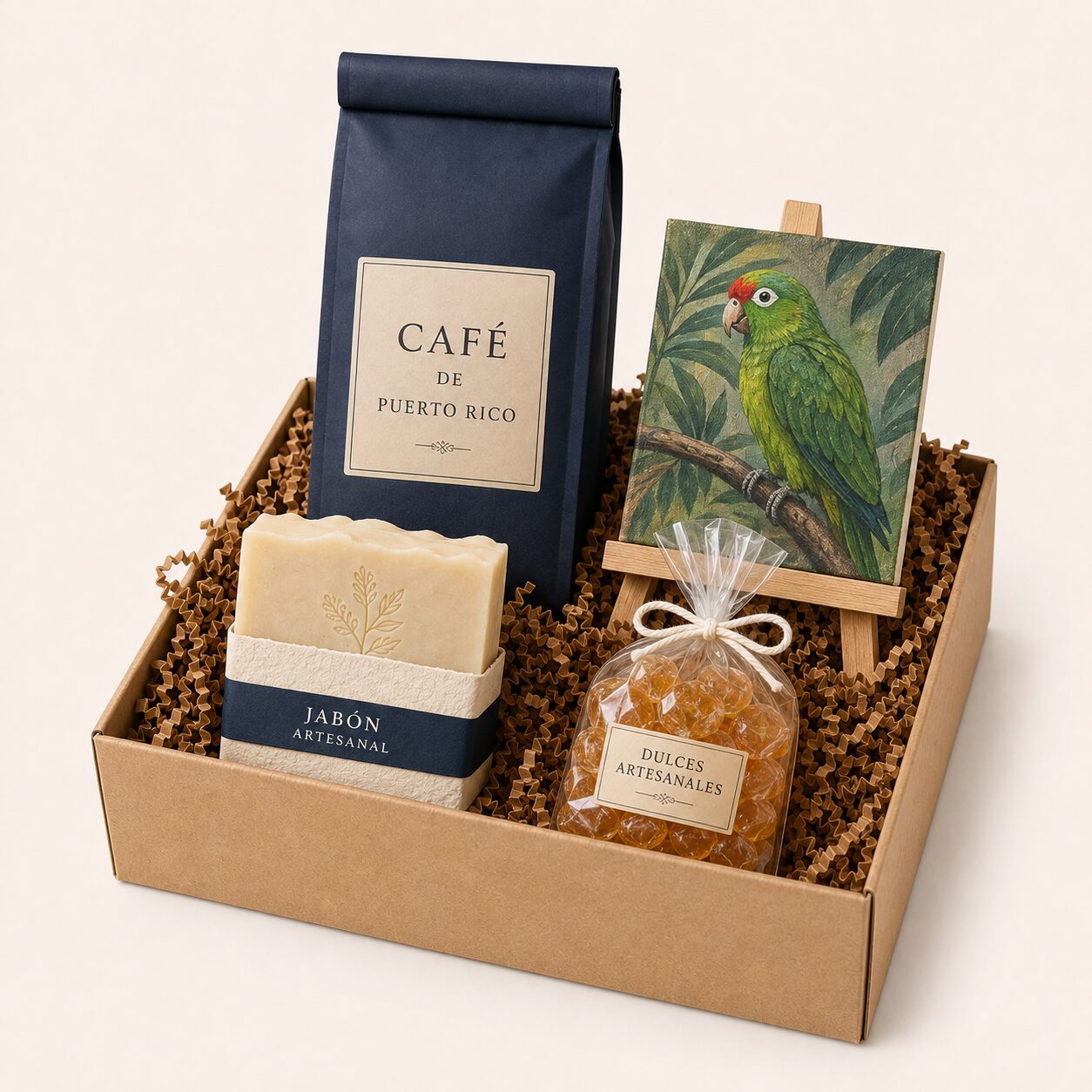 Caja Isla con café de Puerto Rico, jabón artesanal, dulces típicos y una lámina de arte boricua