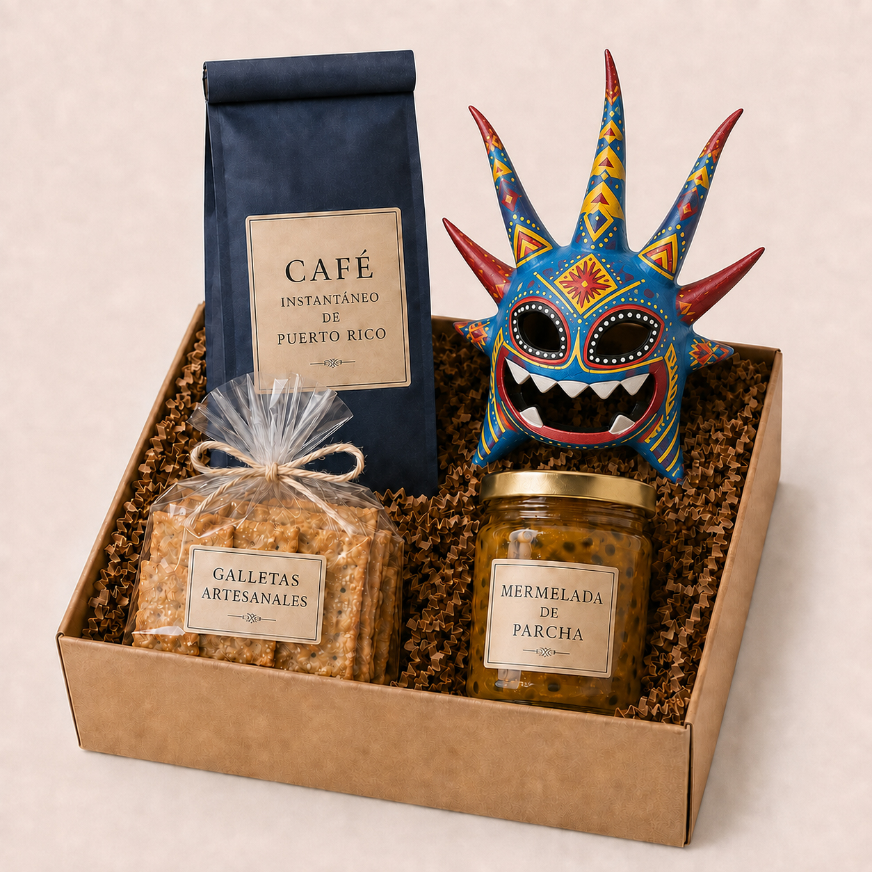 Caja Vejigante con café instantáneo de Puerto Rico, galletas artesanales, mermelada de parcha y una máscara de vejigante hecha a mano