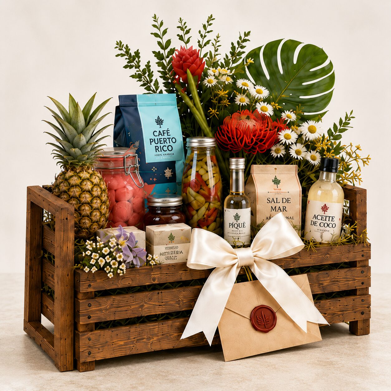 Canasta Finquita Hermandad con café, sal de mar, aceite de coco, pique, jabones artesanales y flores tropicales