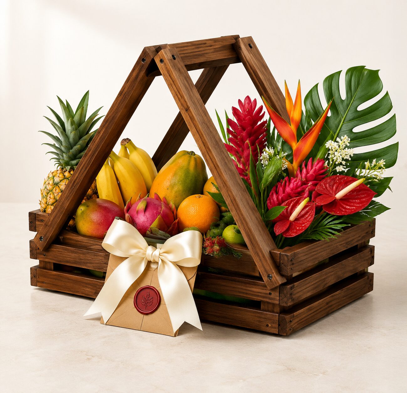 Canasta tropical de madera fina con frutas de la isla y flores tropicales