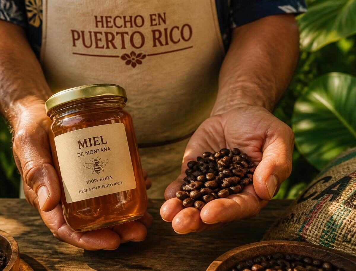 Manos de un artesano puertorriqueño sosteniendo un frasco de miel y granos de café