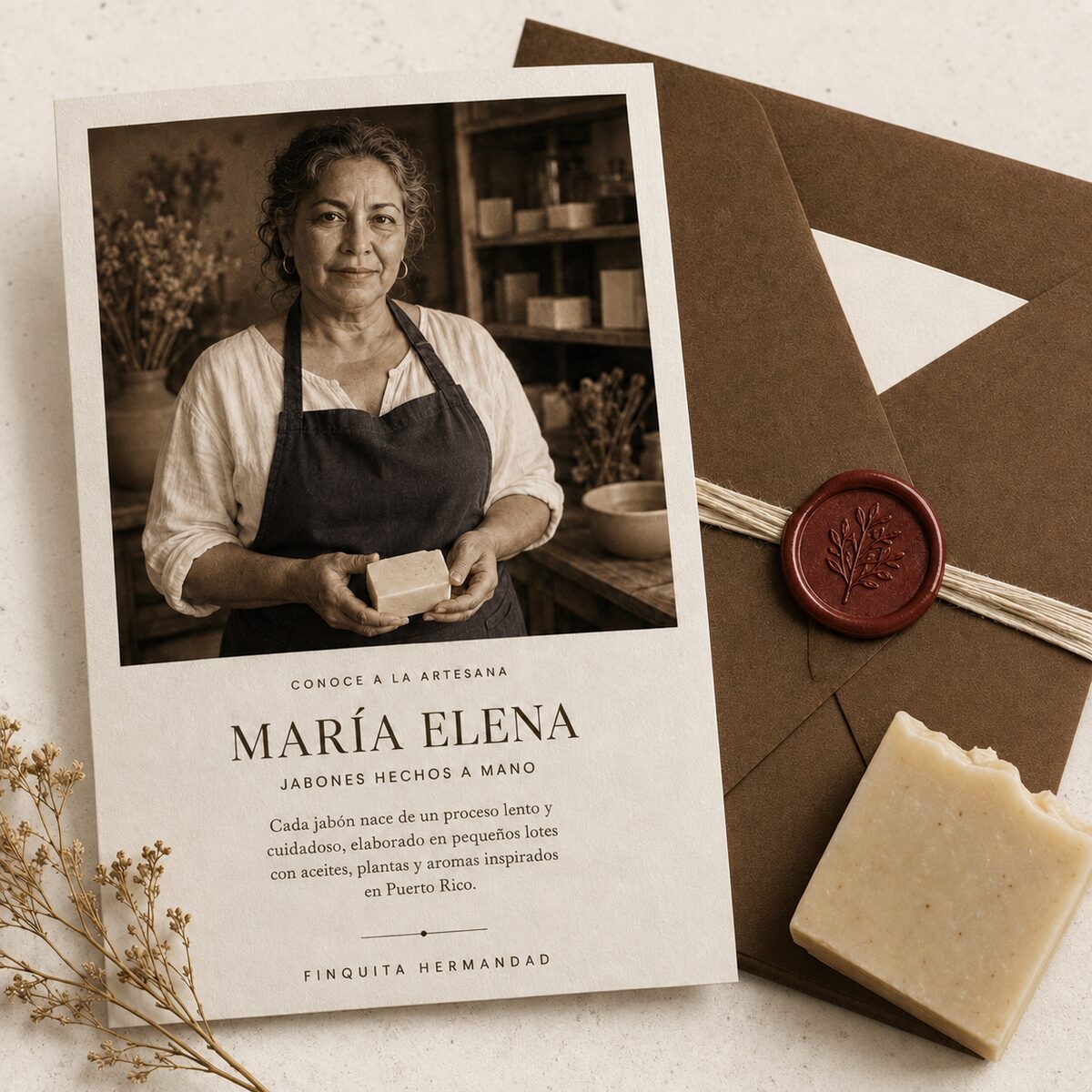 María Elena, artesana de jabones hechos a mano, sosteniendo una barra de jabón en su taller