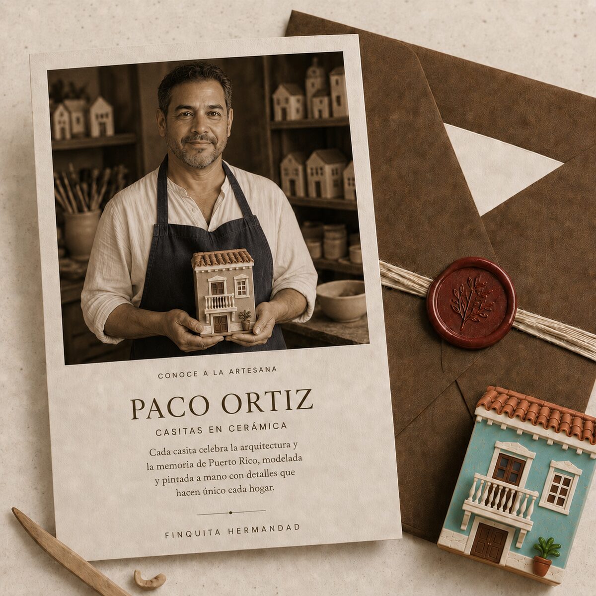 Paco Ortiz, artesano de casitas en cerámica, sosteniendo una casita pintada a mano en su taller