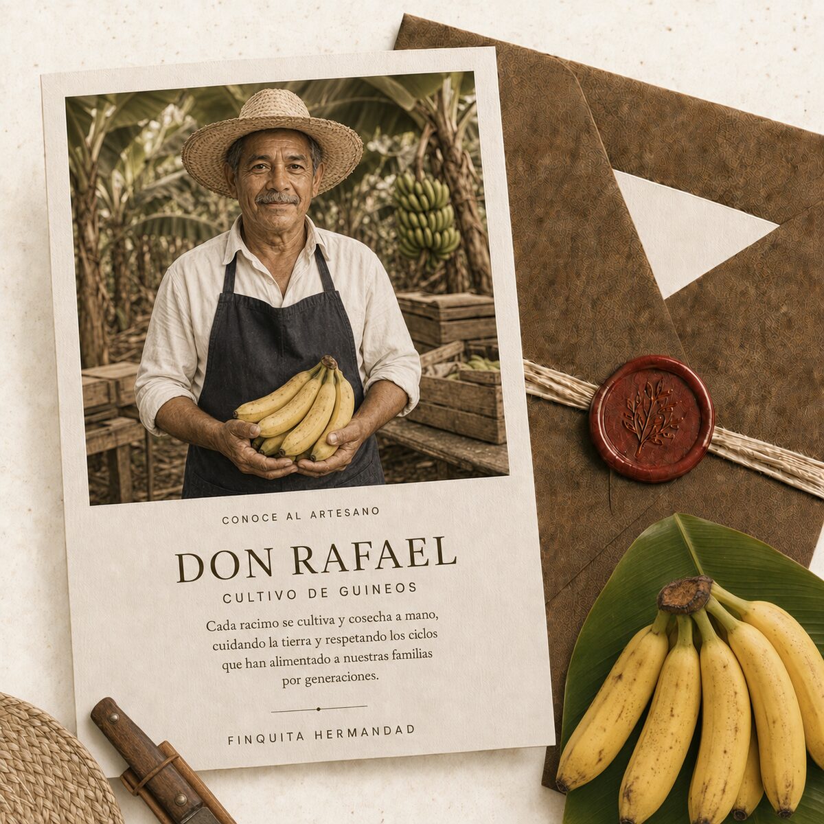 Don Rafael, agricultor de guineos, sosteniendo un racimo recién cosechado en su finca