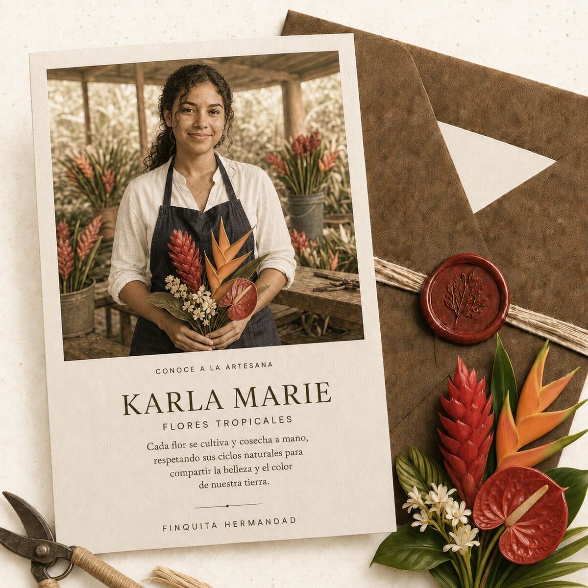 Karla Marie, artesana de flores tropicales, sosteniendo un ramo de flores en su taller