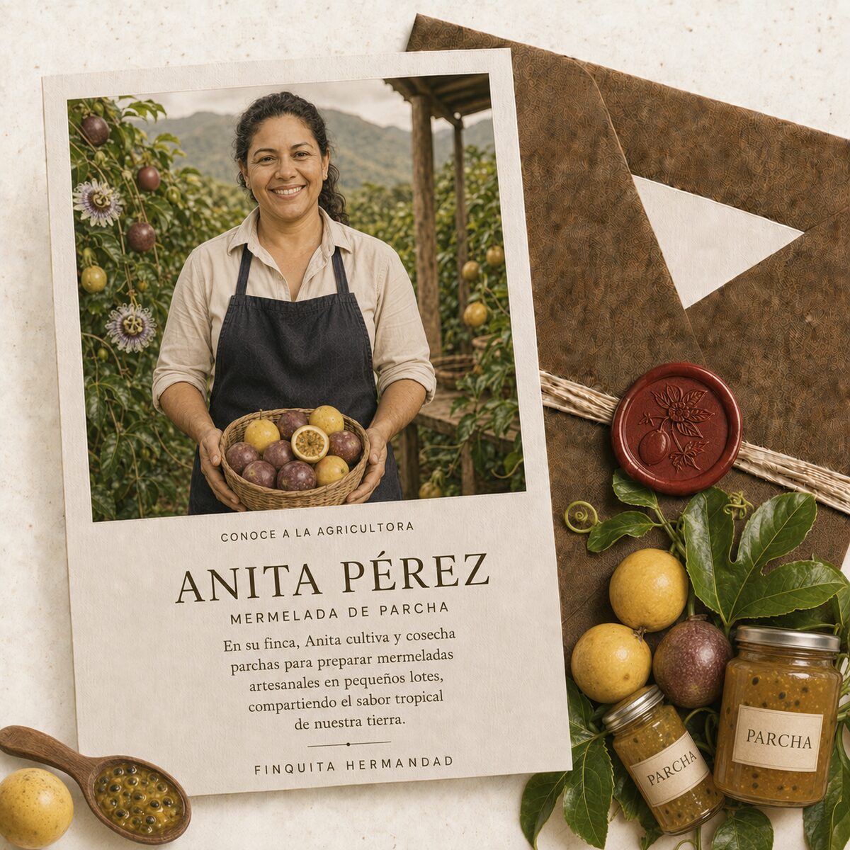 Anita Pérez, agricultora de parcha, sosteniendo una canasta de parchas en su finca