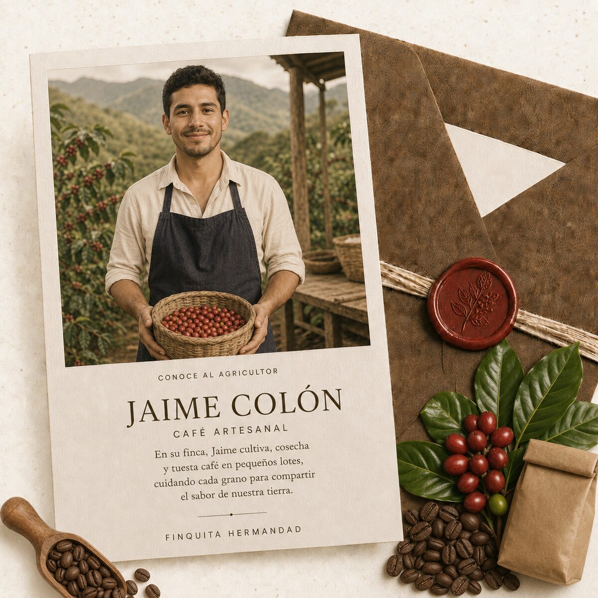 Jaime Colón, agricultor de café, sosteniendo una canasta de café recién cosechado en su finca