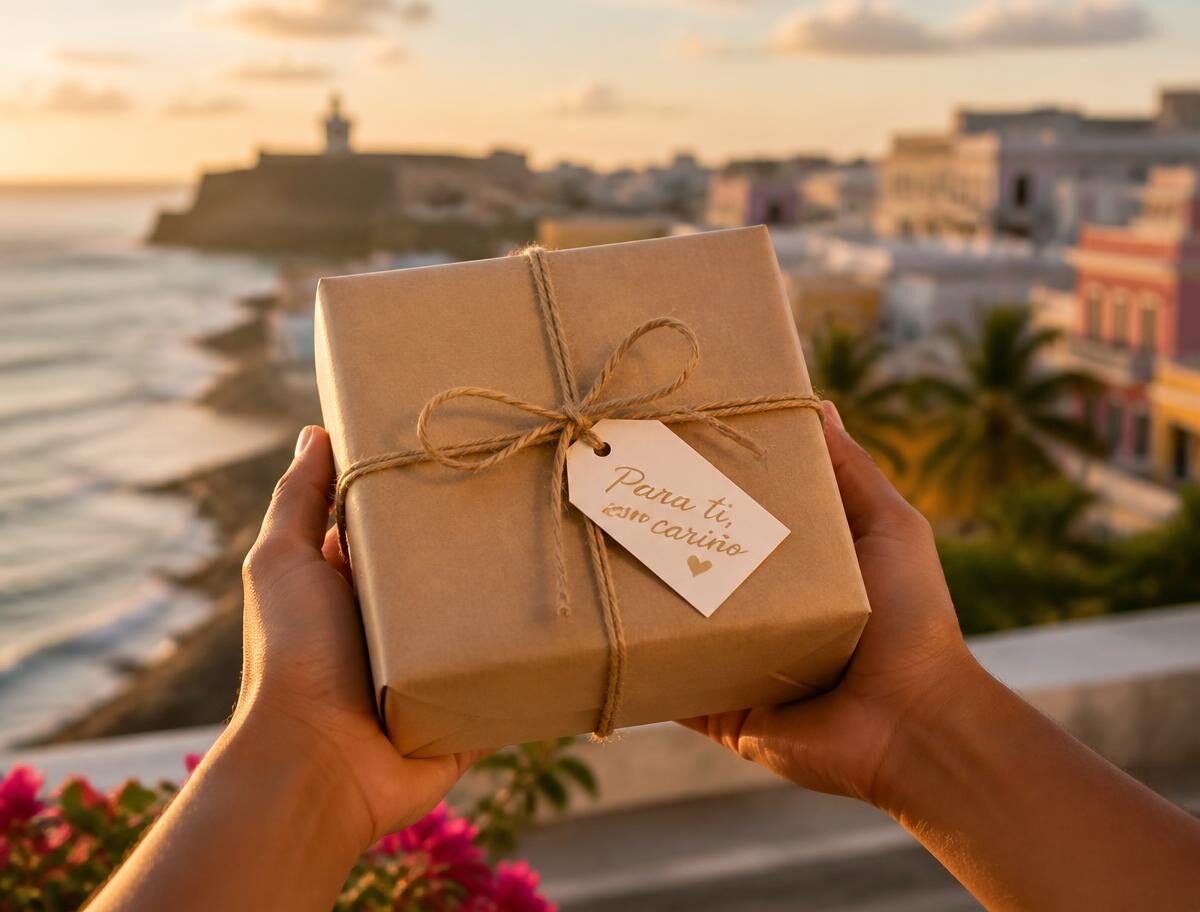 Caja de regalo envuelta en papel kraft con una nota escrita a mano, frente al mar de Puerto Rico